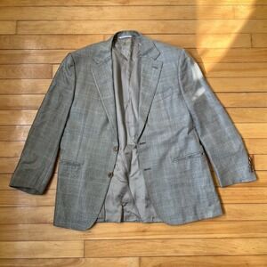 Canali Harry Rosen Mens Silk Wool Glen Check Blazer Sport Coat Tan Grey 50 7 L